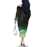 New Zealand Matariki Family Matching Off The Shoulder Long Sleeve Dress and Hawaiian Shirt Pleiades Star Cluster Green Galaxy