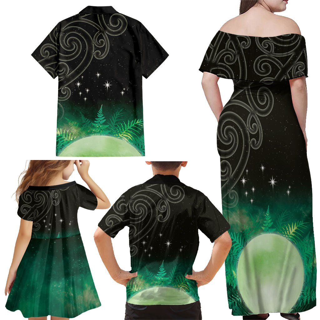 New Zealand Matariki Family Matching Off Shoulder Maxi Dress and Hawaiian Shirt Pleiades Star Cluster Green Galaxy