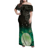 New Zealand Matariki Family Matching Off Shoulder Maxi Dress and Hawaiian Shirt Pleiades Star Cluster Green Galaxy