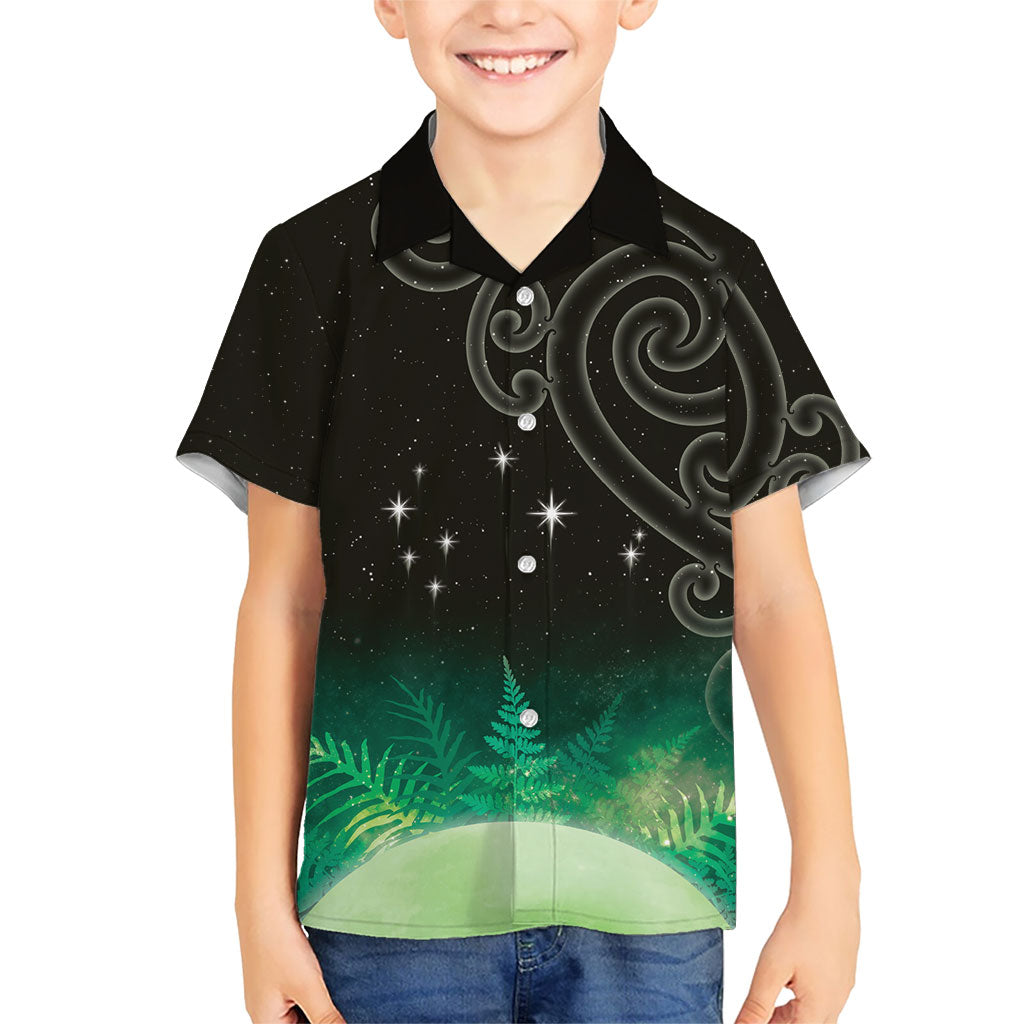 New Zealand Matariki Family Matching Off Shoulder Maxi Dress and Hawaiian Shirt Pleiades Star Cluster Green Galaxy