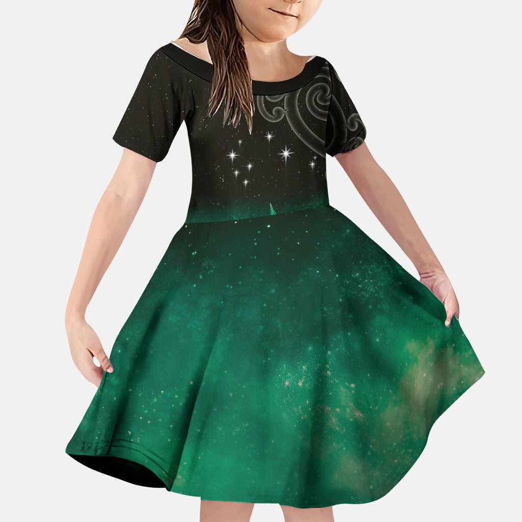 New Zealand Matariki Family Matching Short Sleeve Bodycon Dress and Hawaiian Shirt Pleiades Star Cluster Green Galaxy