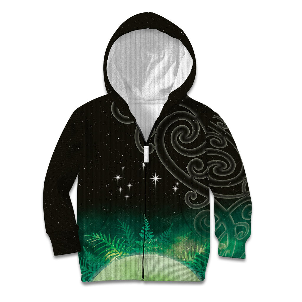 New Zealand Matariki Kid Hoodie Pleiades Star Cluster Green Galaxy LT05 Zip Hoodie Green - Polynesian Pride