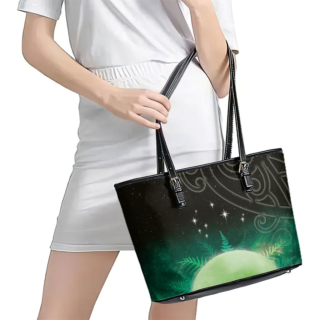 New Zealand Matariki Leather Tote Bag Pleiades Star Cluster Green Galaxy LT05 - Polynesian Pride