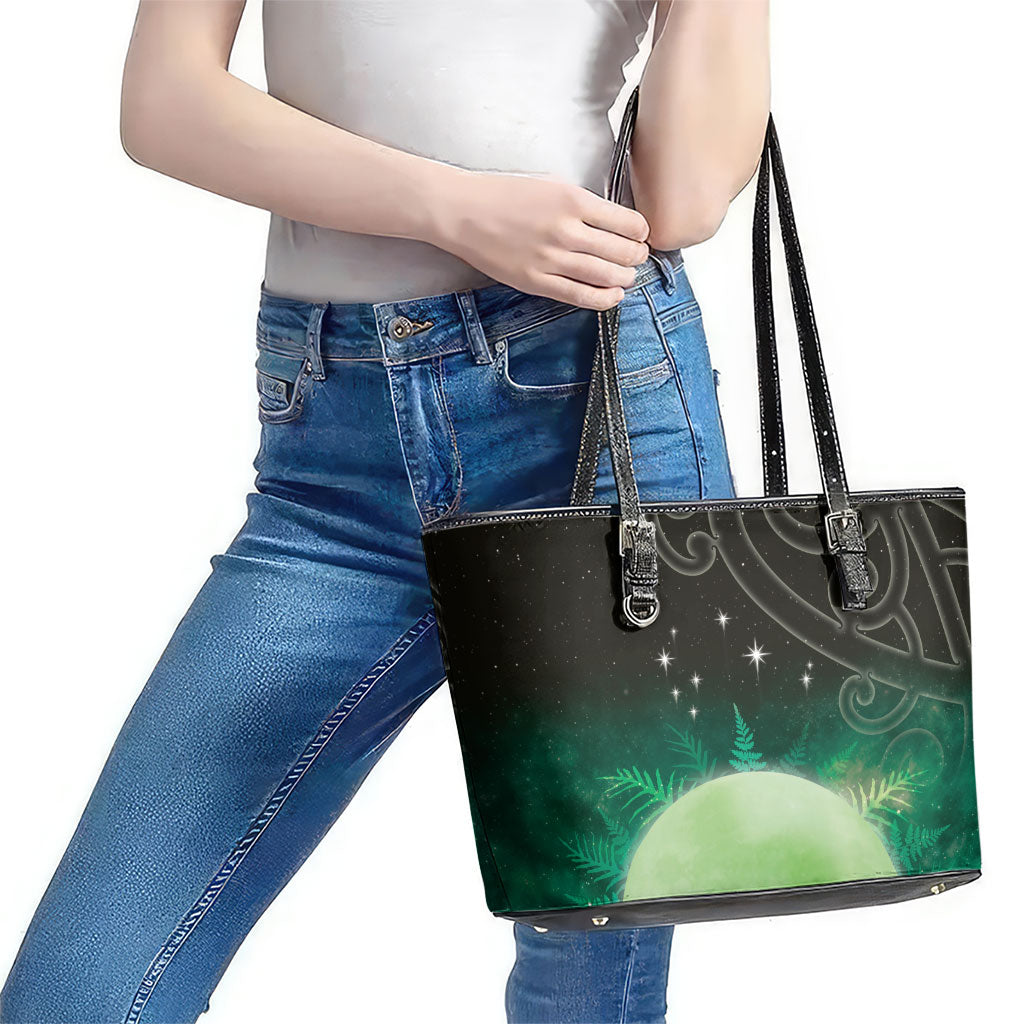 New Zealand Matariki Leather Tote Bag Pleiades Star Cluster Green Galaxy LT05 - Polynesian Pride