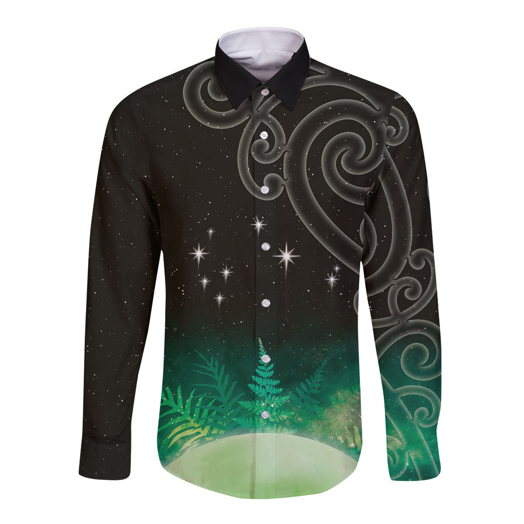 New Zealand Matariki Long Sleeve Button Shirt Pleiades Star Cluster Green Galaxy LT05 Unisex Green - Polynesian Pride