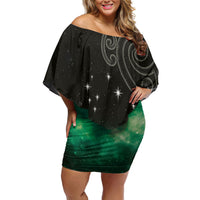 New Zealand Matariki Off Shoulder Short Dress Pleiades Star Cluster Green Galaxy LT05 Women Green - Polynesian Pride