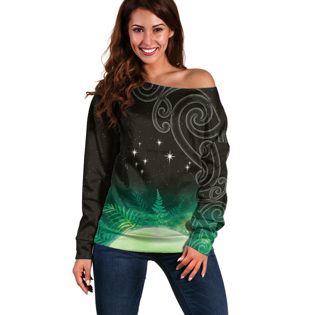 New Zealand Matariki Off Shoulder Sweater Pleiades Star Cluster Green Galaxy LT05 Women Green - Polynesian Pride