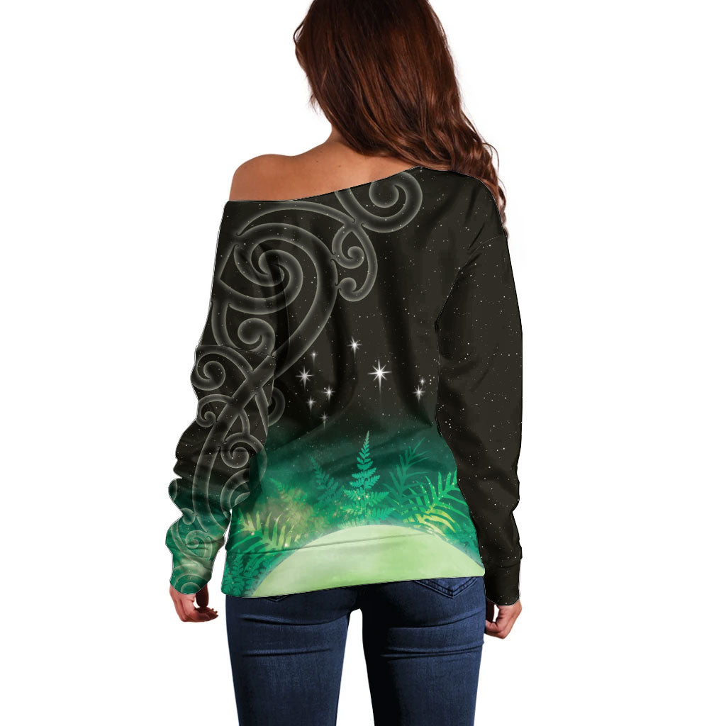 New Zealand Matariki Off Shoulder Sweater Pleiades Star Cluster Green Galaxy LT05 - Polynesian Pride