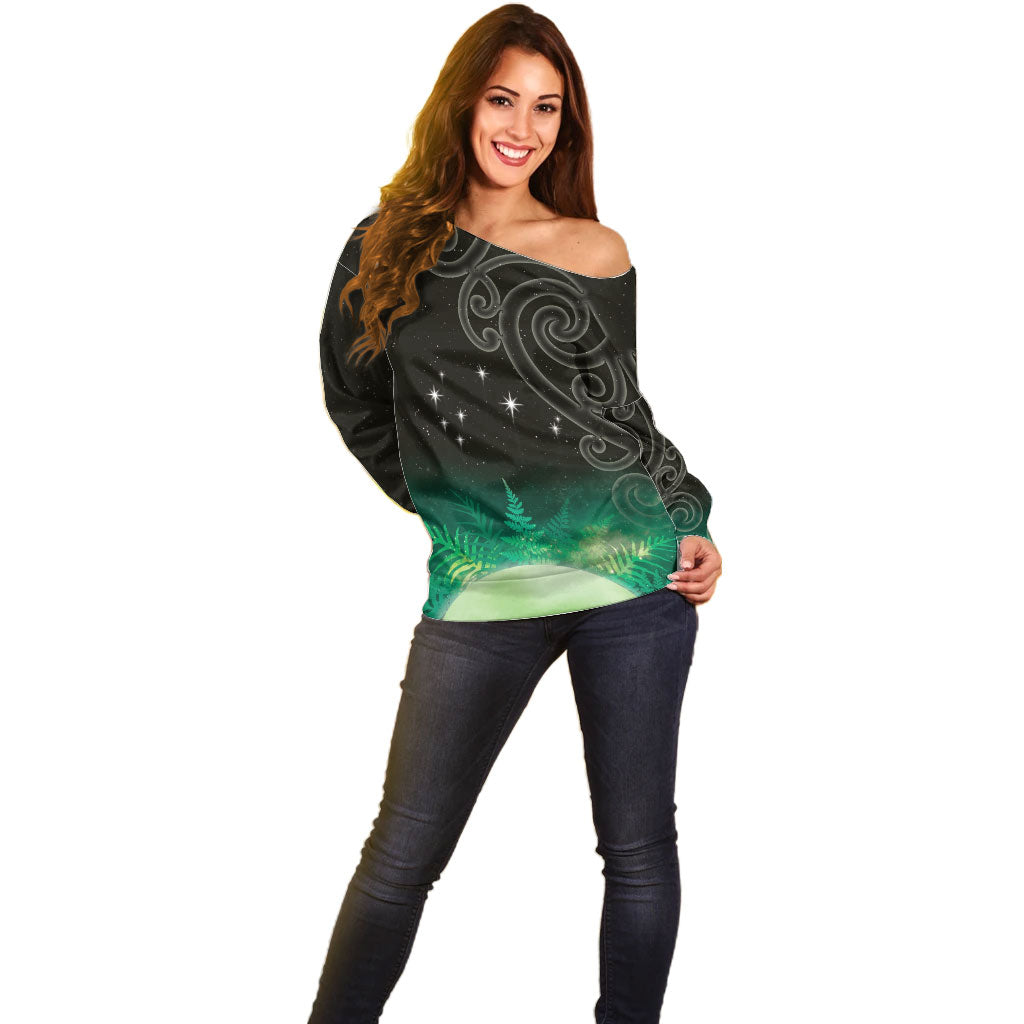 New Zealand Matariki Off Shoulder Sweater Pleiades Star Cluster Green Galaxy LT05 - Polynesian Pride