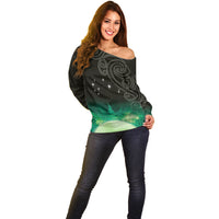 New Zealand Matariki Off Shoulder Sweater Pleiades Star Cluster Green Galaxy LT05 - Polynesian Pride