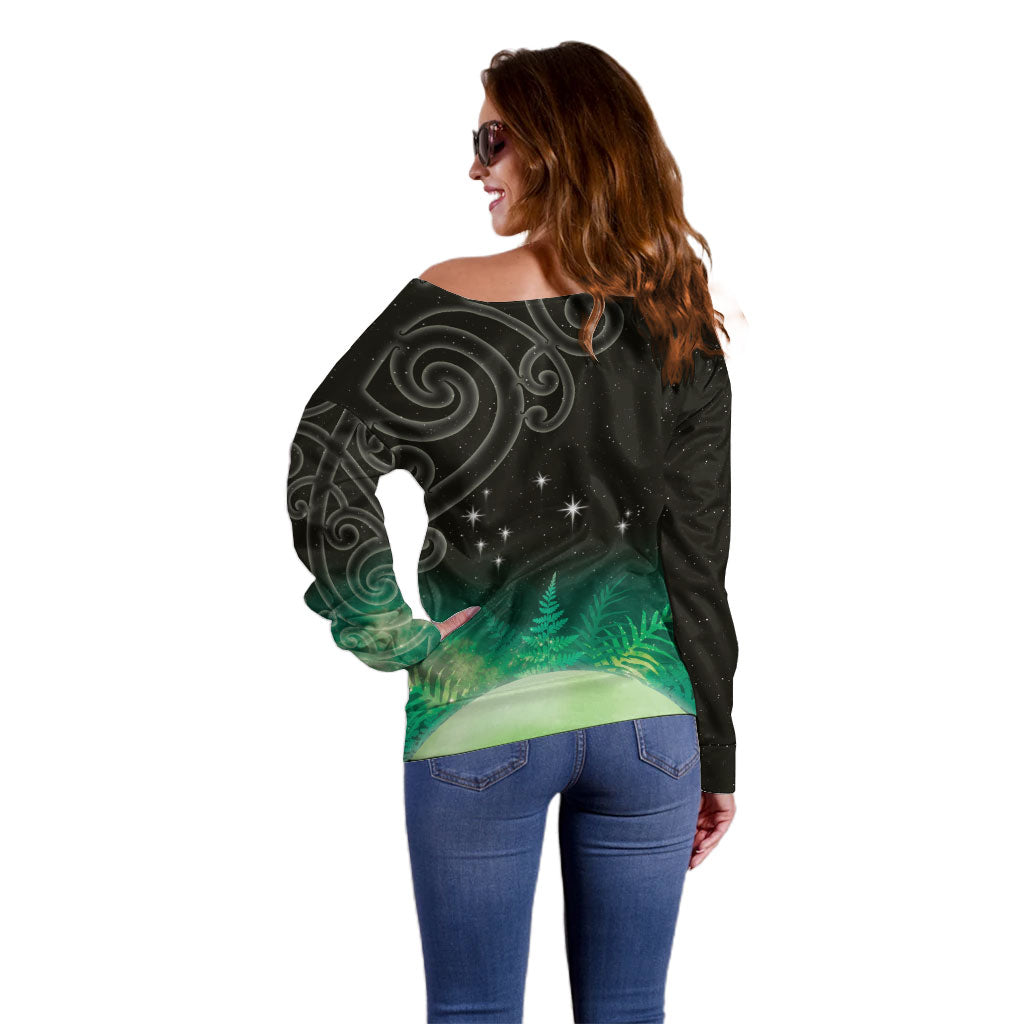 New Zealand Matariki Off Shoulder Sweater Pleiades Star Cluster Green Galaxy LT05 - Polynesian Pride