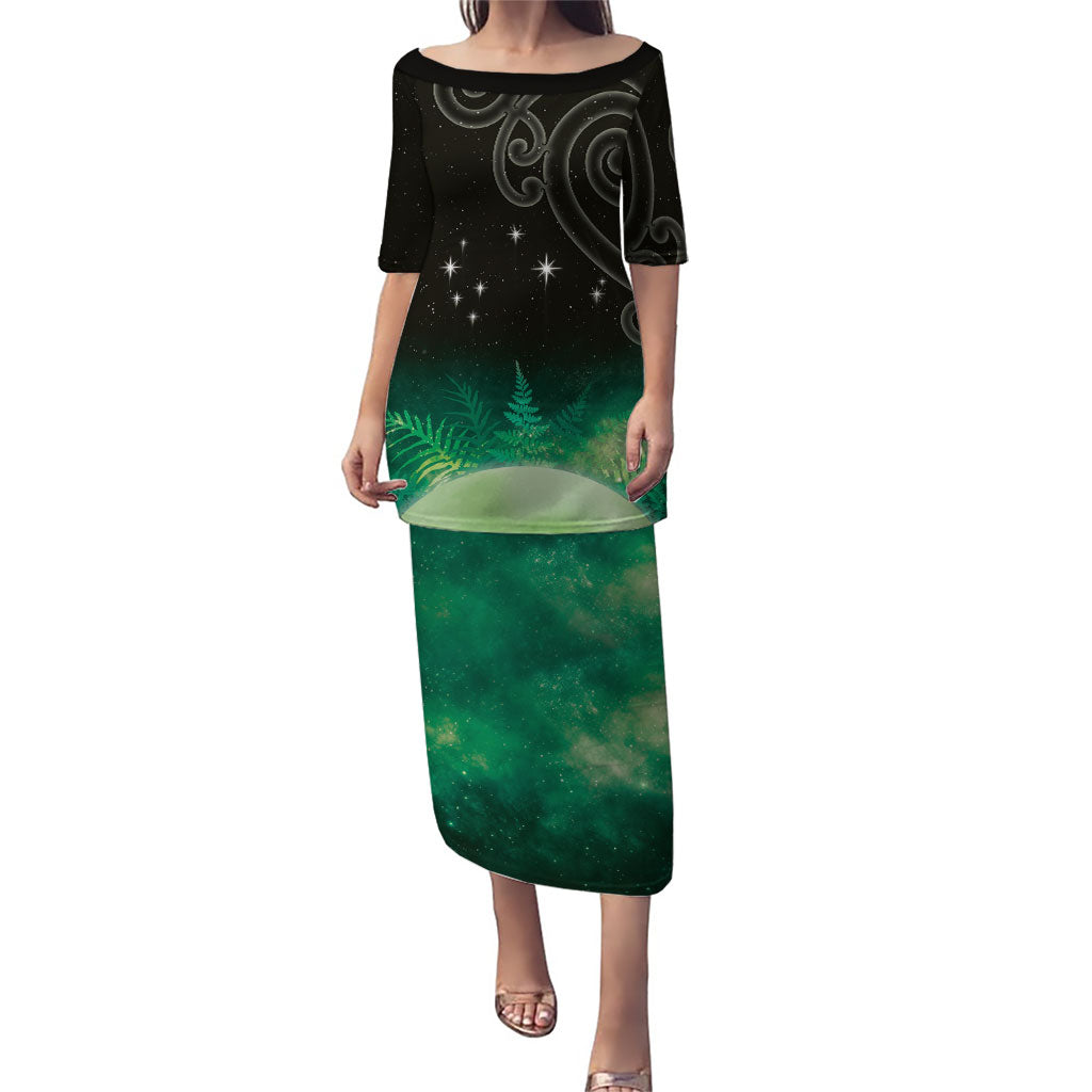 New Zealand Matariki Puletasi Pleiades Star Cluster Green Galaxy LT05 Long Dress Green - Polynesian Pride