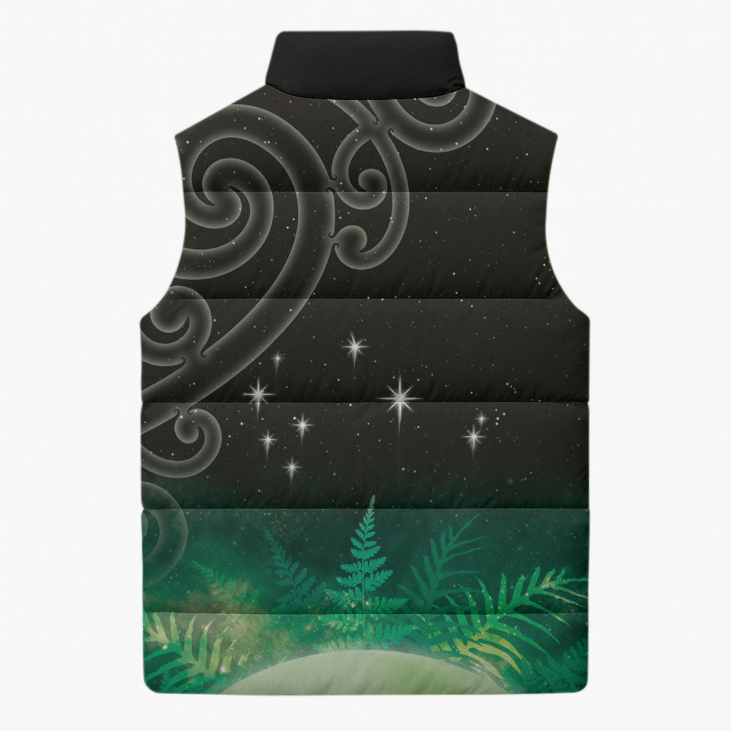 New Zealand Matariki Sleeveless Puffer Jacket Pleiades Star Cluster Green Galaxy LT05 - Polynesian Pride