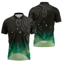 New Zealand Matariki Zipper Polo Shirt Pleiades Star Cluster Green Galaxy