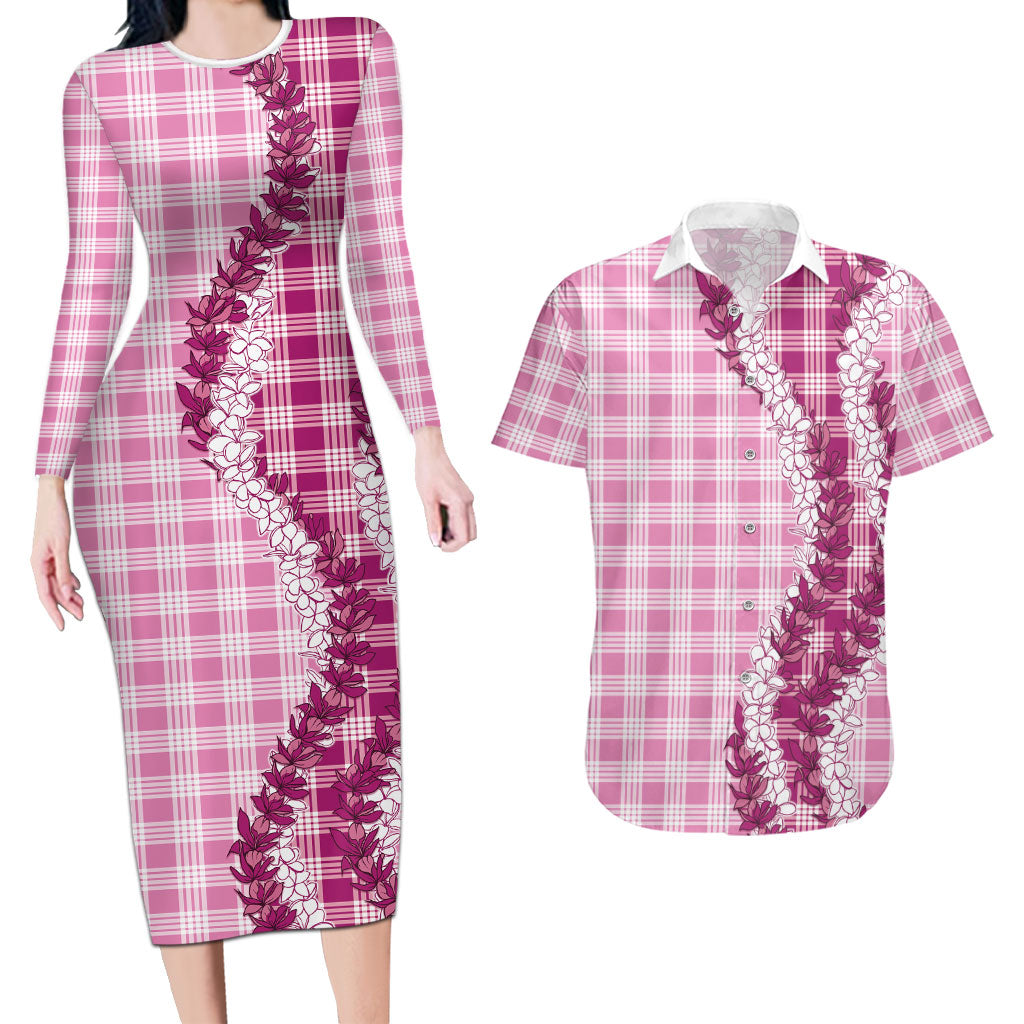 Pink Hawaii Palaka Couples Matching Long Sleeve Bodycon Dress and Hawaiian Shirt Hawaiian Honohono Lei LT05 Pink - Polynesian Pride