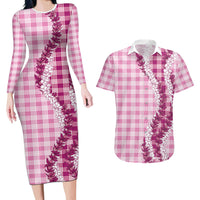 Pink Hawaii Palaka Couples Matching Long Sleeve Bodycon Dress and Hawaiian Shirt Hawaiian Honohono Lei