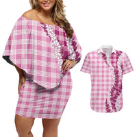 Pink Hawaii Palaka Couples Matching Off Shoulder Short Dress and Hawaiian Shirt Hawaiian Honohono Lei