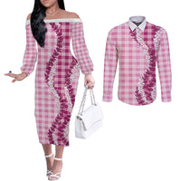 Pink Hawaii Palaka Couples Matching Off The Shoulder Long Sleeve Dress and Long Sleeve Button Shirt Hawaiian Honohono Lei