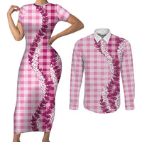 Pink Hawaii Palaka Couples Matching Short Sleeve Bodycon Dress and Long Sleeve Button Shirt Hawaiian Honohono Lei