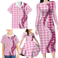 Pink Hawaii Palaka Family Matching Long Sleeve Bodycon Dress and Hawaiian Shirt Hawaiian Honohono Lei