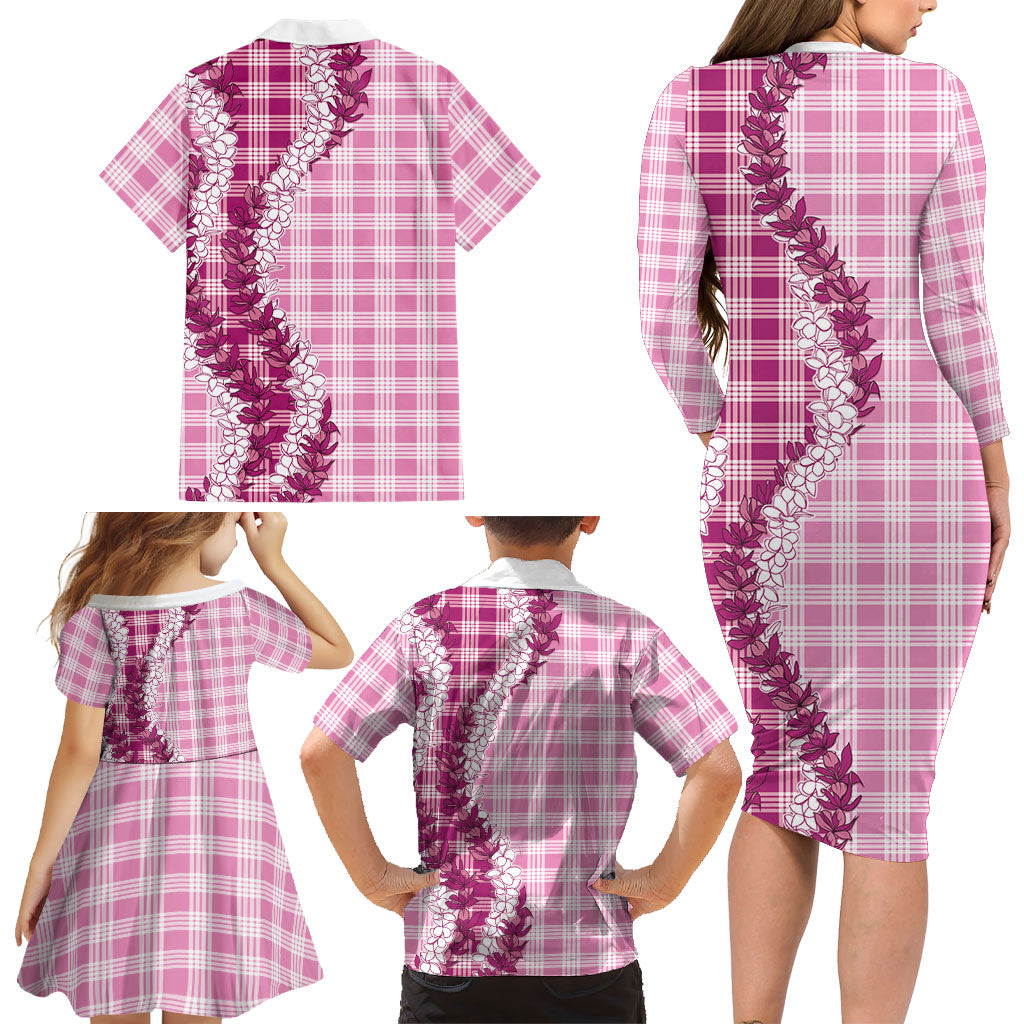 Pink Hawaii Palaka Family Matching Long Sleeve Bodycon Dress and Hawaiian Shirt Hawaiian Honohono Lei