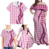 Pink Hawaii Palaka Family Matching Off Shoulder Maxi Dress and Hawaiian Shirt Hawaiian Honohono Lei