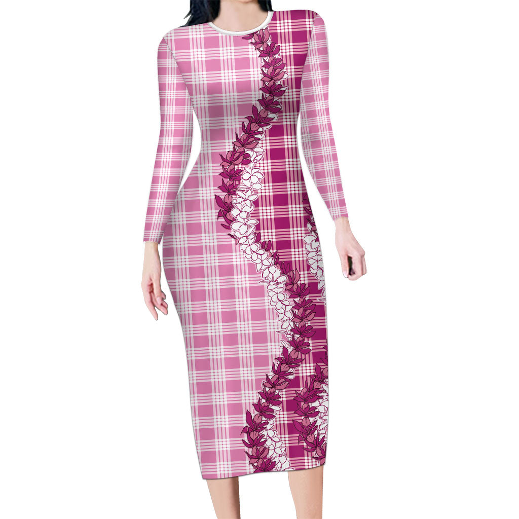 Pink Hawaii Palaka Long Sleeve Bodycon Dress Hawaiian Honohono Lei LT05 Long Dress Pink - Polynesian Pride