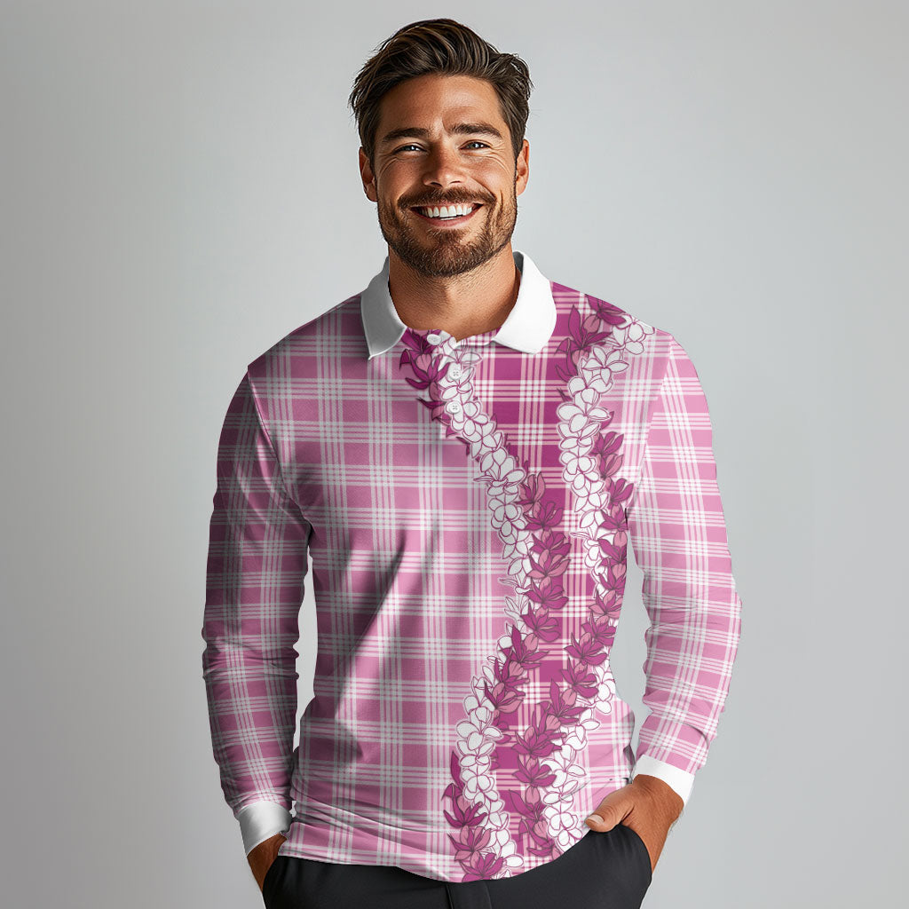 Pink Hawaii Palaka Long Sleeve Polo Shirt Hawaiian Honohono Lei