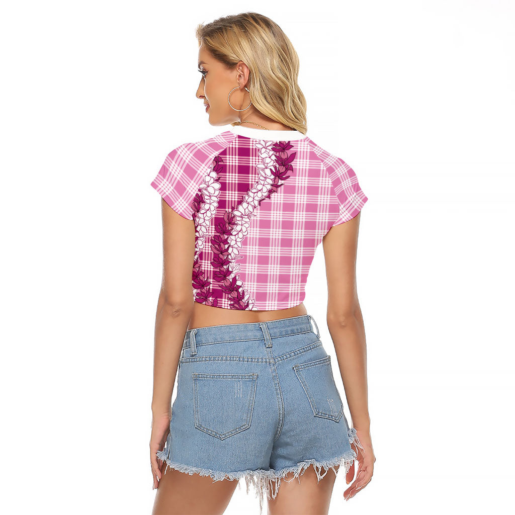 Pink Hawaii Palaka Raglan Cropped T Shirt Hawaiian Honohono Lei LT05 - Polynesian Pride