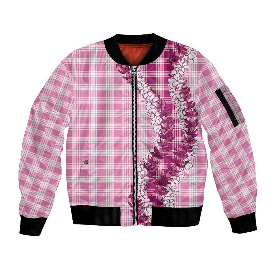 Pink Hawaii Palaka Sleeve Zip Bomber Jacket Hawaiian Honohono Lei