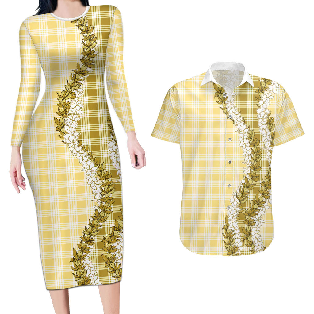 Yellow Hawaii Palaka Couples Matching Long Sleeve Bodycon Dress and Hawaiian Shirt Hawaiian Honohono Lei