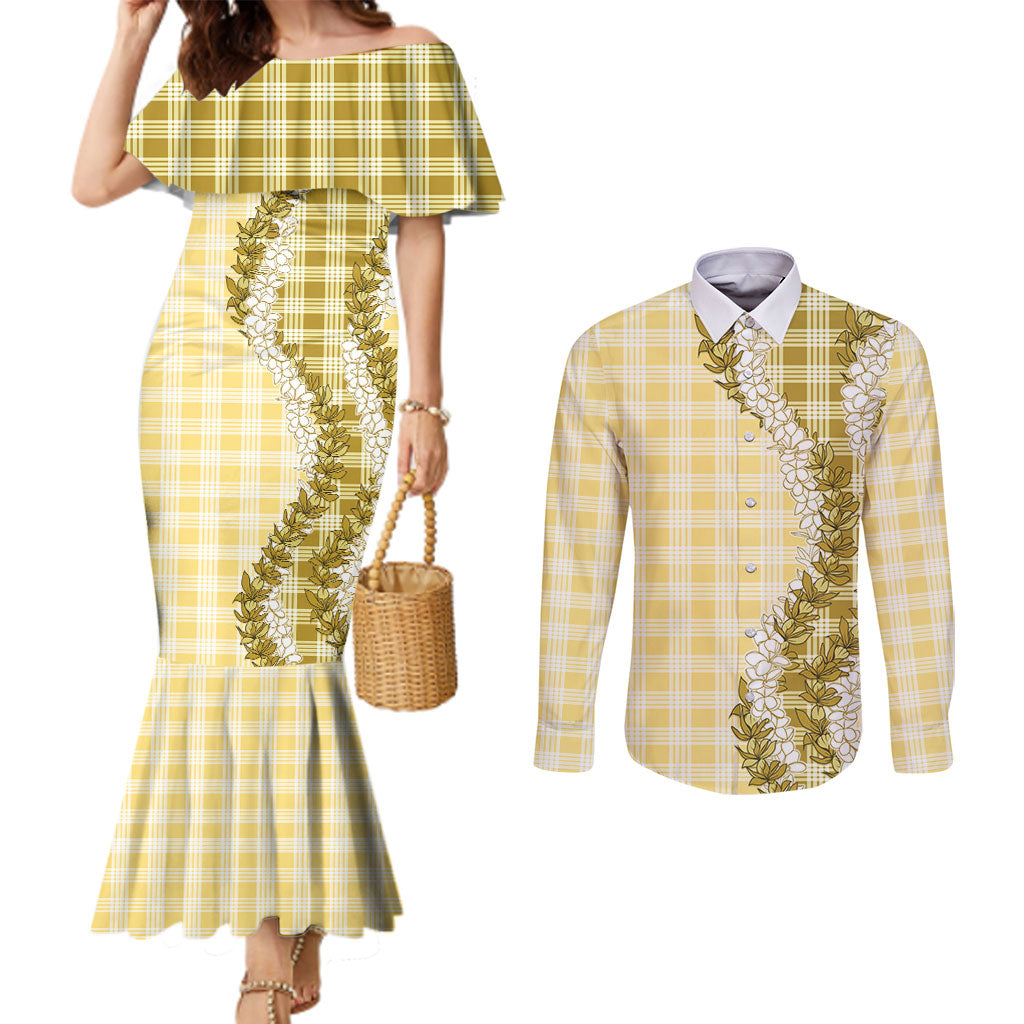 Yellow Hawaii Palaka Couples Matching Mermaid Dress and Long Sleeve Button Shirt Hawaiian Honohono Lei LT05 Yellow - Polynesian Pride