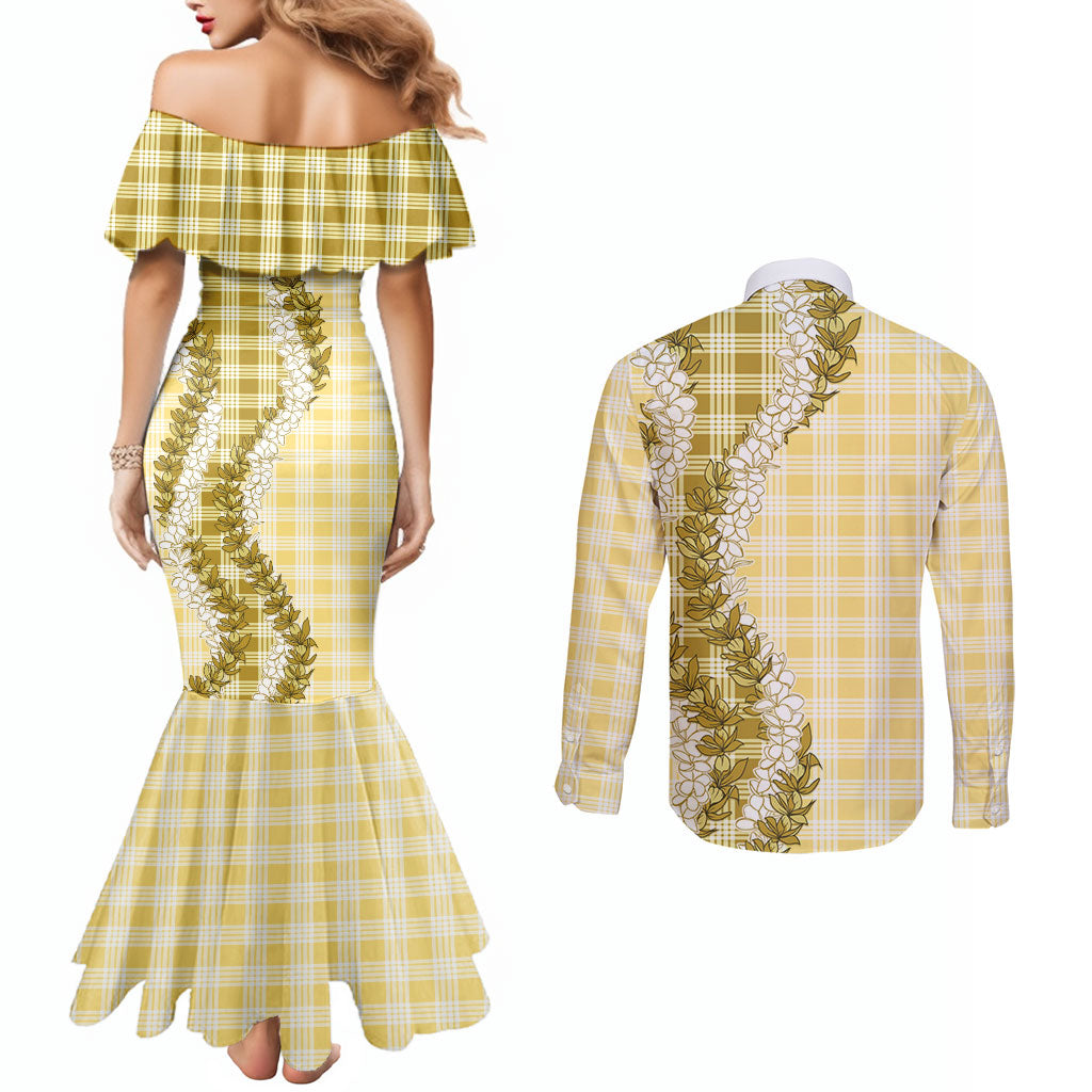 Yellow Hawaii Palaka Couples Matching Mermaid Dress and Long Sleeve Button Shirt Hawaiian Honohono Lei