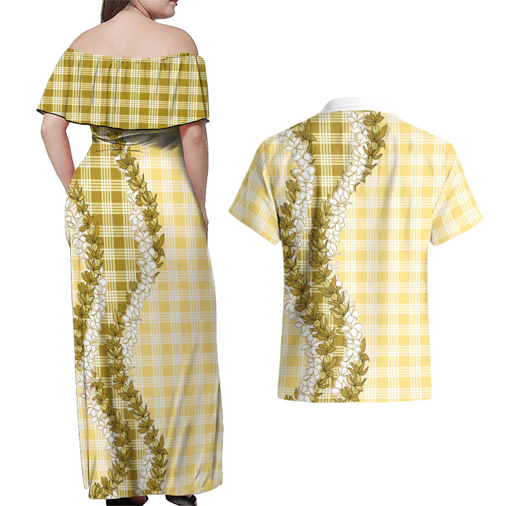 Yellow Hawaii Palaka Couples Matching Off Shoulder Maxi Dress and Hawaiian Shirt Hawaiian Honohono Lei