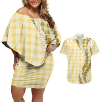 Yellow Hawaii Palaka Couples Matching Off Shoulder Short Dress and Hawaiian Shirt Hawaiian Honohono Lei