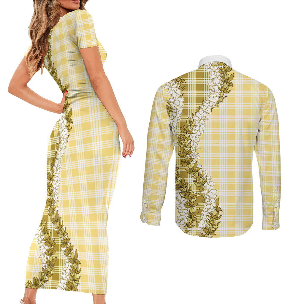 Yellow Hawaii Palaka Couples Matching Short Sleeve Bodycon Dress and Long Sleeve Button Shirt Hawaiian Honohono Lei