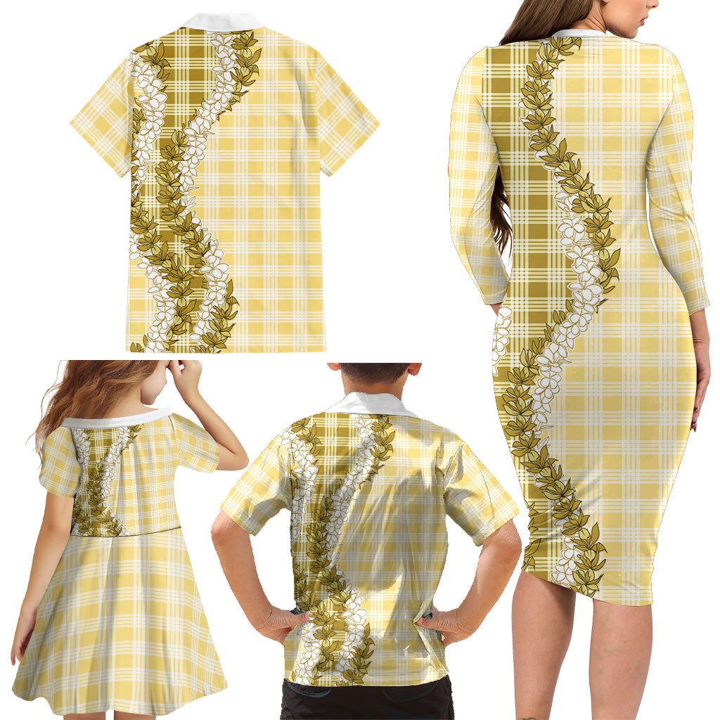 Yellow Hawaii Palaka Family Matching Long Sleeve Bodycon Dress and Hawaiian Shirt Hawaiian Honohono Lei
