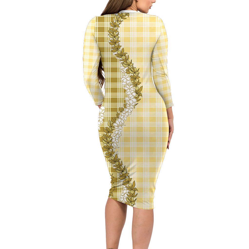 Yellow Hawaii Palaka Family Matching Long Sleeve Bodycon Dress and Hawaiian Shirt Hawaiian Honohono Lei