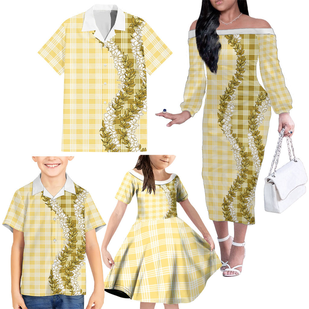 Yellow Hawaii Palaka Family Matching Off The Shoulder Long Sleeve Dress and Hawaiian Shirt Hawaiian Honohono Lei LT05 - Polynesian Pride
