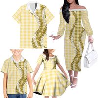 Yellow Hawaii Palaka Family Matching Off The Shoulder Long Sleeve Dress and Hawaiian Shirt Hawaiian Honohono Lei