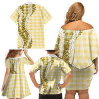 Yellow Hawaii Palaka Family Matching Off Shoulder Short Dress and Hawaiian Shirt Hawaiian Honohono Lei