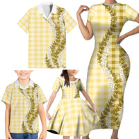 Yellow Hawaii Palaka Family Matching Short Sleeve Bodycon Dress and Hawaiian Shirt Hawaiian Honohono Lei