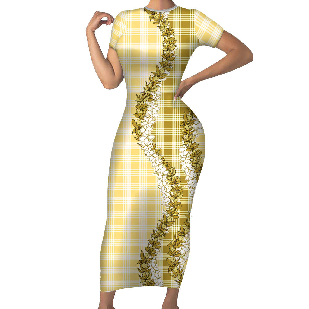 Yellow Hawaii Palaka Family Matching Short Sleeve Bodycon Dress and Hawaiian Shirt Hawaiian Honohono Lei