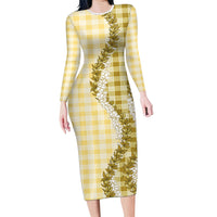 Yellow Hawaii Palaka Long Sleeve Bodycon Dress Hawaiian Honohono Lei