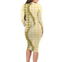 Yellow Hawaii Palaka Long Sleeve Bodycon Dress Hawaiian Honohono Lei