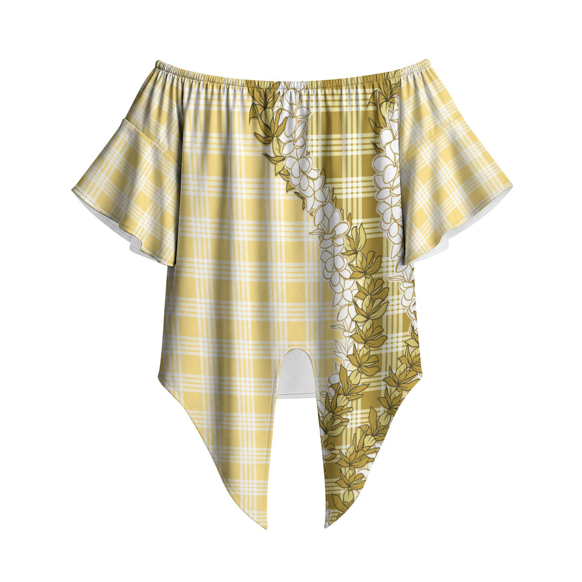 Yellow Hawaii Palaka Off Shoulder Wrap Waist Top Hawaiian Honohono Lei LT05 Yellow - Polynesian Pride