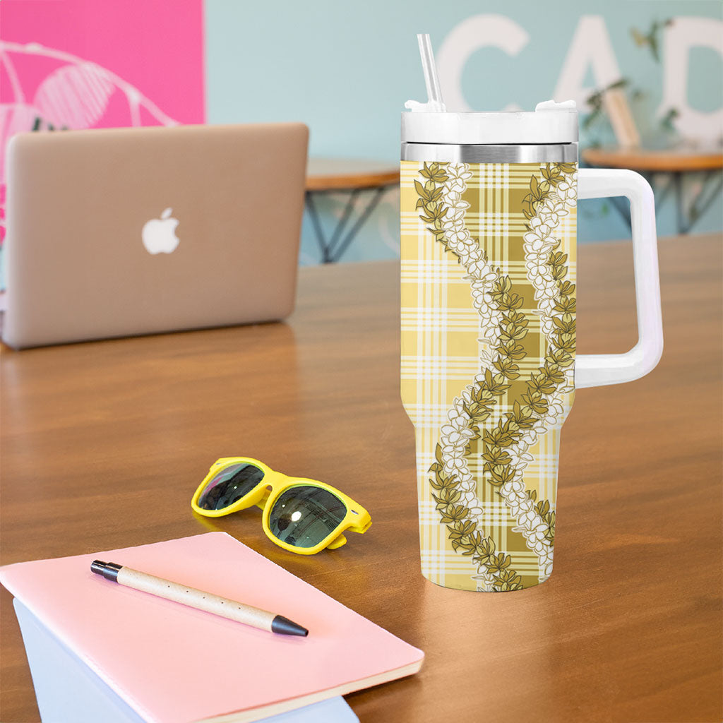 Yellow Hawaii Palaka Tumbler With Handle Hawaiian Honohono Lei LT05 - Polynesian Pride