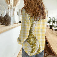 Yellow Hawaii Palaka Women Casual Shirt Hawaiian Honohono Lei