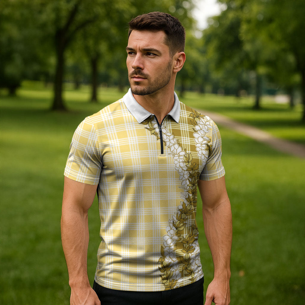 Yellow Hawaii Palaka Zipper Polo Shirt Hawaiian Honohono Lei