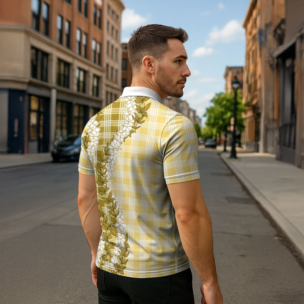 Yellow Hawaii Palaka Zipper Polo Shirt Hawaiian Honohono Lei